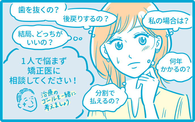 歯を抜くの？後戻りできるの？何年かかるの？分割で払えるの？ 一人で悩まずに矯正医に相談してください 治療のゴールを相談してください